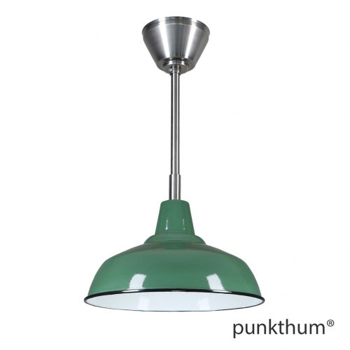 Dunkelgrüne Fabriklampe, Emaillelampe mit Stahlrohr-Aufhängung und Baldachin.
