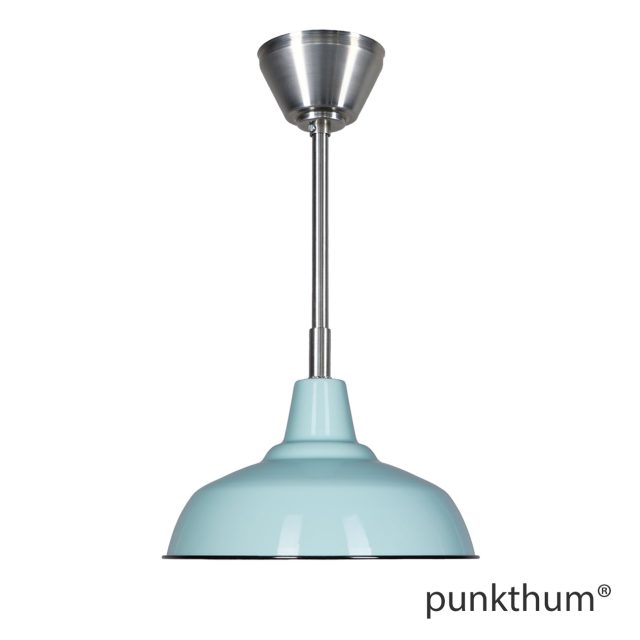 Aquamarine Fabriklampe, Emaillelampe mit Stahlrohr-Aufhängung und Baldachin.