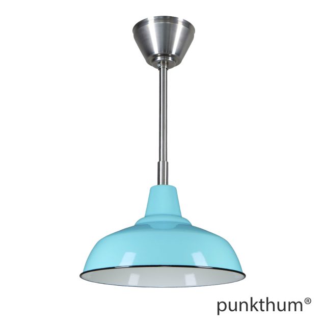 Aquamarine Fabriklampe, Emaillelampe mit Stahlrohr-Aufhängung und Baldachin.