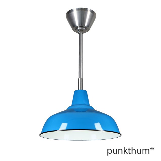 Blaue Fabriklampe, Emaillelampe mit Stahlrohr-Aufhängung und Baldachin.