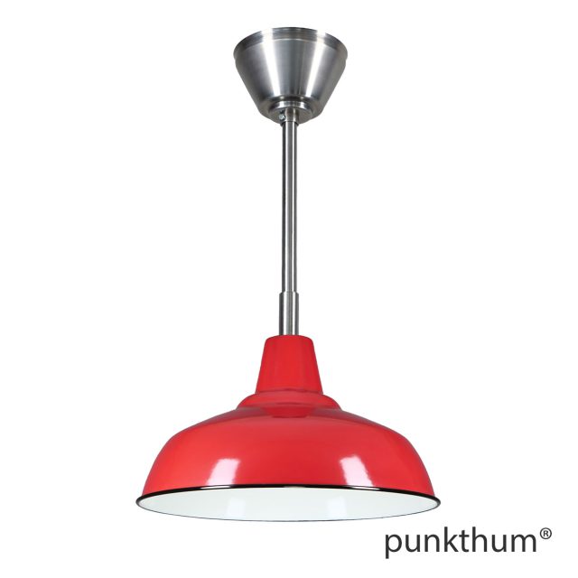 Rote Fabriklampe, Emaillelampe mit Stahlrohr-Aufhängung und Baldachin.
