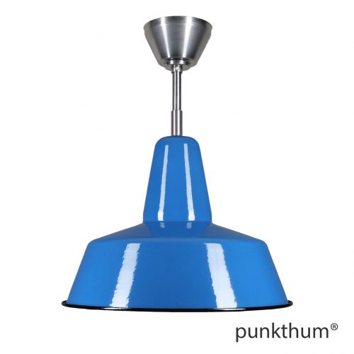 Grosse blaue Fabriklampe, Emaillelampe mit Stahlrohr-Aufhängung und Baldachin.