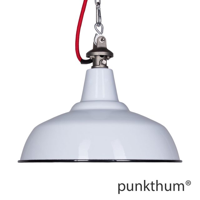 Hellgraue Emaillelampe, Industrielampe mit Stahlguss-Aufhängung und rotem Textilkabel.