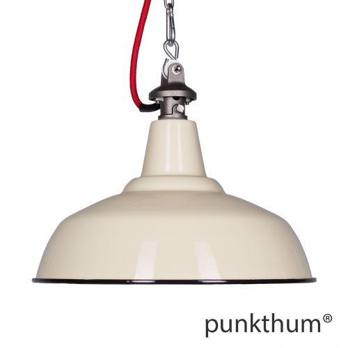 Sandfarbene Emaillelampe, Industrielampe mit Stahlguss-Aufhängung und rotem Textilkabel.