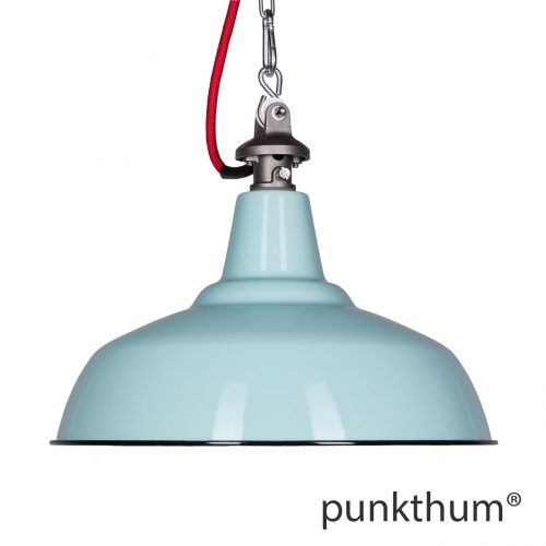 Aquamarine Emaillelampe, Industrielampe mit Stahlguss-Aufhängung und rotem Textilkabel.