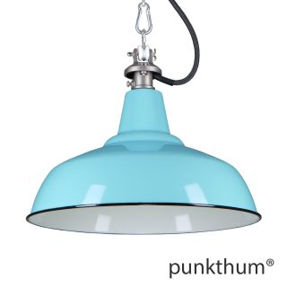 Aquamarine Emaillelampe, Industrielampe mit Stahlguss-Aufhängung und schwarzem Textilkabel.