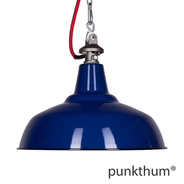 Dunkelblaue Emaillelampe, Industrielampe mit Stahlguss-Aufhängung und rotem Textilkabel.