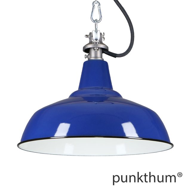 Dunkelblaue Emaillelampe, Industrielampe mit Stahlguss-Aufhängung und schwarzem Textilkabel.