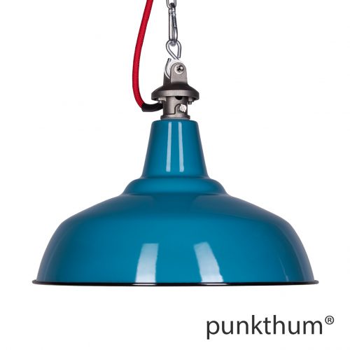 Blaue Emaillelampe, Industrielampe mit Stahlguss-Aufhängung und rotem Textilkabel.