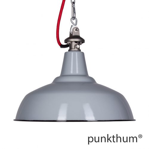 Graue Emaillelampe, Industrielampe mit Stahlguss-Aufhängung und rotem Textilkabel.