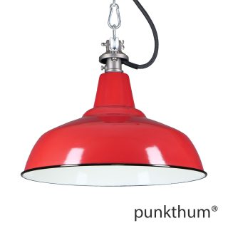 Rote Emaillelampe, Industrielampe mit Stahlguss-Aufhängung und schwarzem Textilkabel.