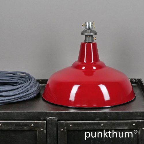 Rote Emaillelampe, Industrielampe mit Stahlguss-Aufhängung und grauem Textilkabel.