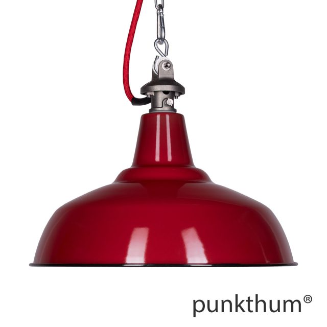 Weinrote Emaillelampe, Industrielampe mit Stahlguss-Aufhängung und rotem Textilkabel.