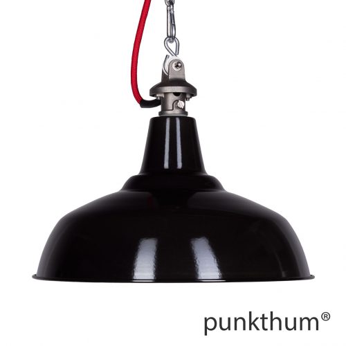 Schwarze Emaillelampe, Industrielampe mit Stahlguss-Aufhängung und rotem Textilkabel.