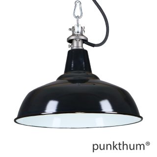 Schwarze Emaillelampe, Industrielampe mit Stahlguss-Aufhängung und schwarzem Textilkabel.