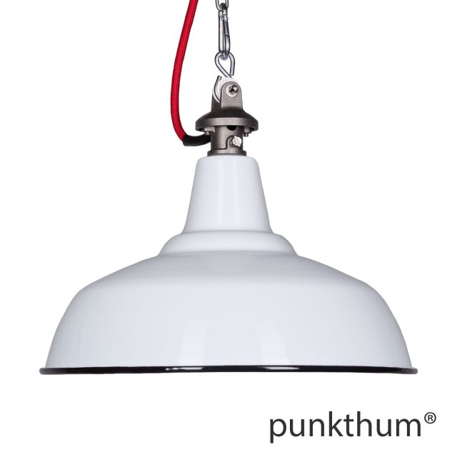 Weisse Emaillelampe, Industrielampe mit Stahlguss-Aufhängung und rotem Textilkabel.