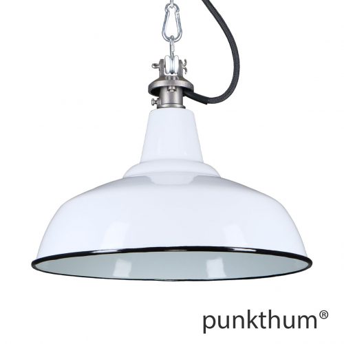 Weisse Emaillelampe, Industrielampe mit Stahlguss-Aufhängung und schwarzem Textilkabel.