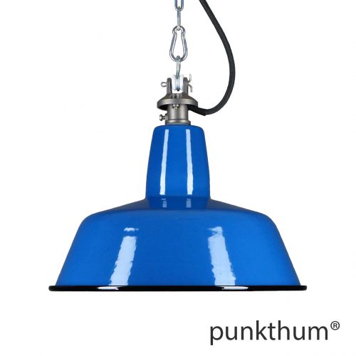 Blaue Emaillelampe, Industrielampe mit Stahlguss-Aufhängung und schwarzem Textilkabel.