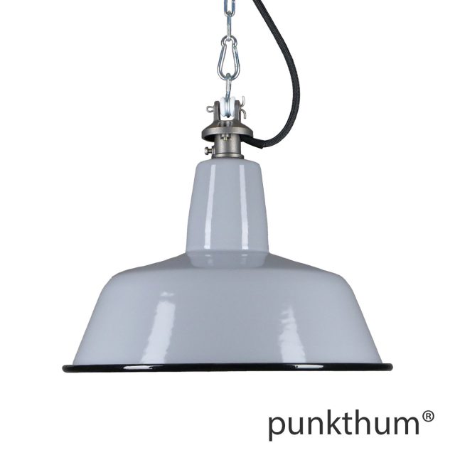 Graue Emaillelampe, Industrielampe mit Stahlguss-Aufhängung und schwarzem Textilkabel.