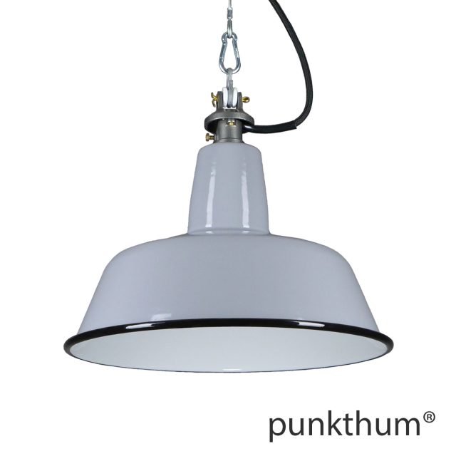 Graue Emaillelampe, Industrielampe mit Stahlguss-Aufhängung und schwarzem Textilkabel.