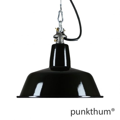 Schwarze Emaillelampe, Industrielampe mit Stahlguss-Aufhängung und schwarzem Textilkabel.