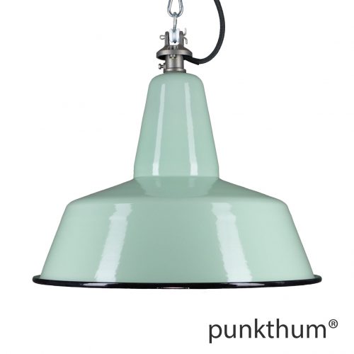 Grosse apfelgrüne Emaillelampe, Industrielampe mit Stahlguss-Aufhängung und schwarzem Textilkabel.