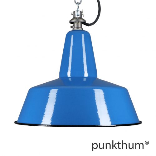 Grosse blaue Emaillelampe, Industrielampe mit Stahlguss-Aufhängung und schwarzem Textilkabel.