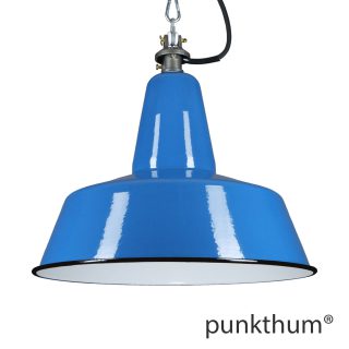 Grosse blaue Emaillelampe, Industrielampe mit Stahlguss-Aufhängung und schwarzem Textilkabel.