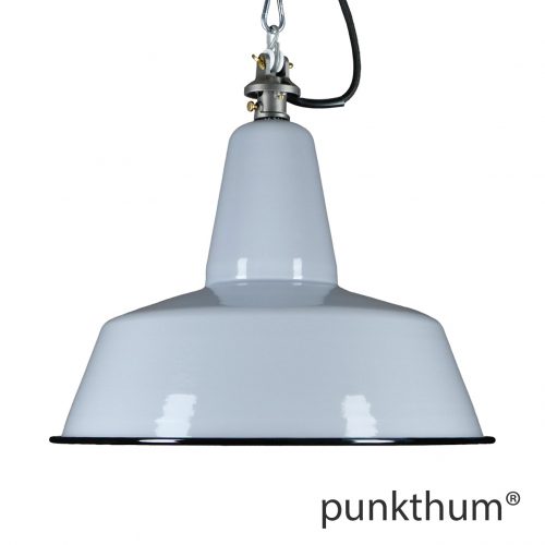 Grosse graue Emaillelampe, Industrielampe mit Stahlguss-Aufhängung und schwarzem Textilkabel.