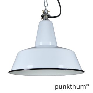 Grosse graue Emaillelampe, Industrielampe mit Stahlguss-Aufhängung und schwarzem Textilkabel.