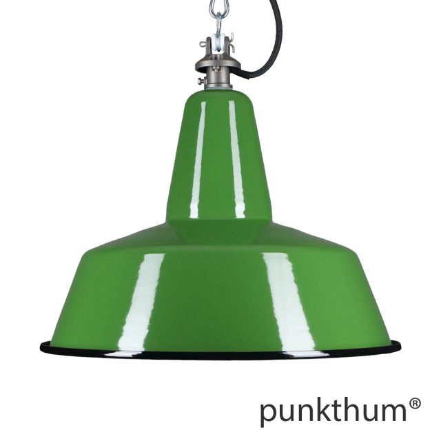 Grosse grüne Emaillelampe, Industrielampe mit Stahlguss-Aufhängung und schwarzem Textilkabel.