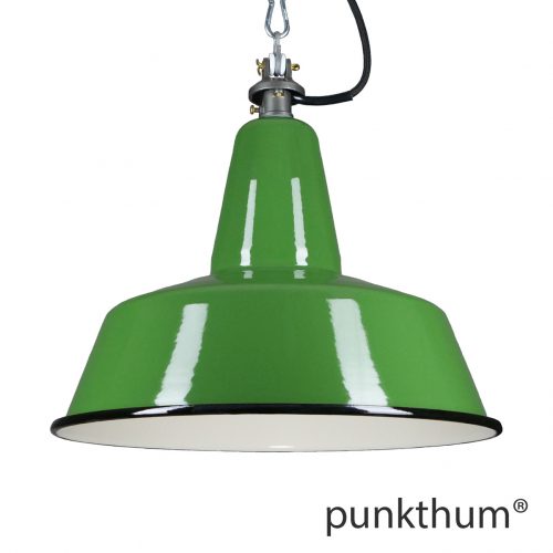 Grosse grüne Emaillelampe, Industrielampe mit Stahlguss-Aufhängung und schwarzem Textilkabel.