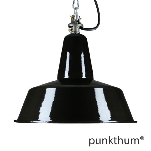 Grosse schwarze Emaillelampe, Industrielampe mit Stahlguss-Aufhängung und schwarzem Textilkabel.