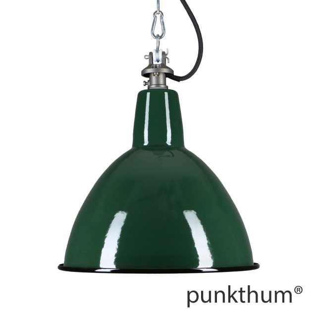 Grüne Emaillelampe, Industrielampe mit Stahlguss-Aufhängung und schwarzem Textilkabel.
