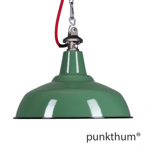 Dunkelgrüne Emaillelampe, Industrielampe mit Stahlguss-Aufhängung und schwarzem Textilkabel.