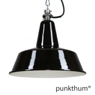 Große schwarze Emaillelampe, Industrielampe mit Stahlguss-Aufhängung und schwarzem Textilkabel.